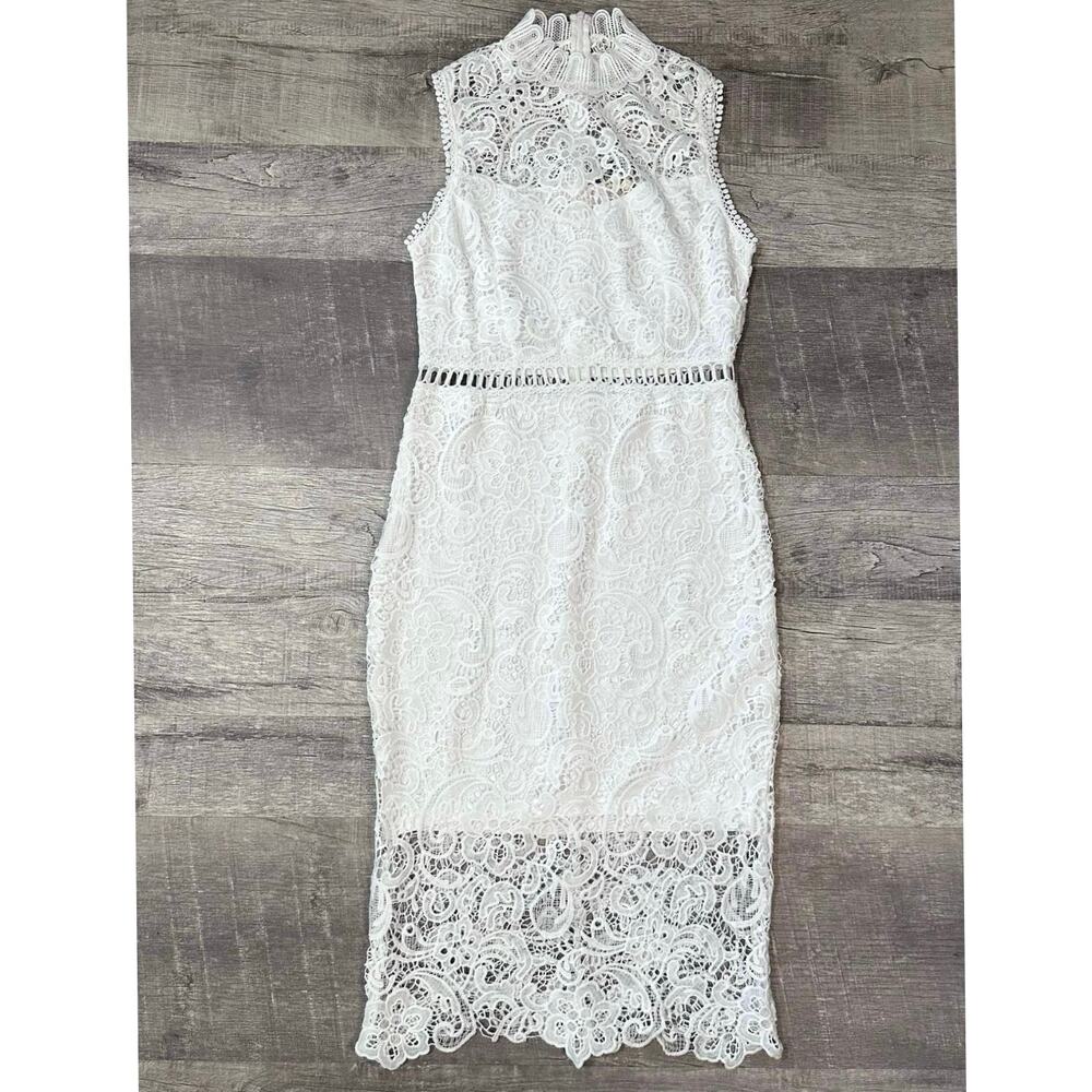 Main Strip White Crochet Lace Overlay Midi Dress M Sleeveless High Neck Bridal